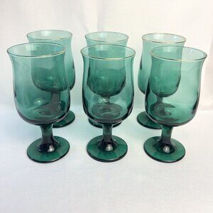 Emerald Green Vintage Wine Goblets w/ Gold Rim Footed Stemware Retro 6 pc Set